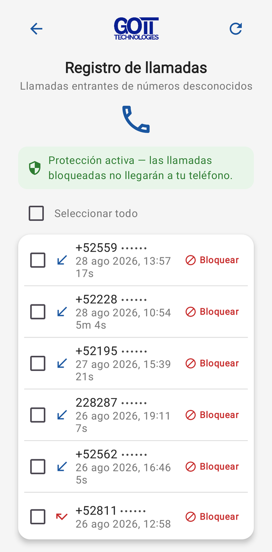 Registro de llamadas de números desconocidos en Gott SafeCall